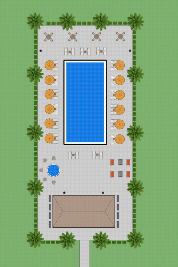 Commercial poolside dining area with coordinated tables and chairs arranged for guest seating and circulation